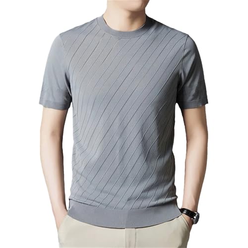 Men Stripe Print O-Neck Short Sleeve Comfortable Elastic Knitted Jumper