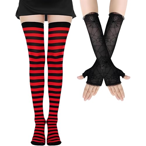 CHONGQILAO 2 Paar Halloween Strümpfe Halloween Handschuhe Fingerlos, Gestreifte Kniestrümpfe Overknee Strümpfe, Spinnennetz Fingerlose Handschuhe, Oberschenkelhohe Socken für Karneval Cosplay