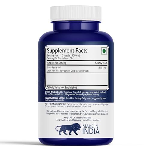 Image of FITNESS VEDA Trans Resveratrol 99.9% Pure 500mg Supplement Slow down Aging | Anti-Inflammatory | Improves Metabolism and Heart health (60 Veg Capsules)