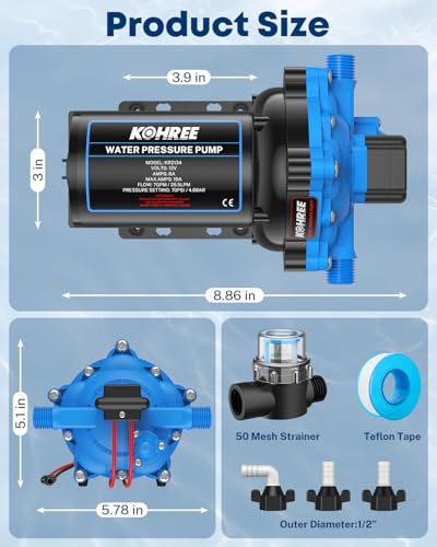 Image of Kohree 12V RV Water Pump 7GPM 70 PSI, Self-Priming 5-Chamber Diaphragm Pump | High Flow, Stable Pressure, Quiet Pump with Pressure Switch, Strainer, Thermal Protection, RV Marine Freshwater System Use