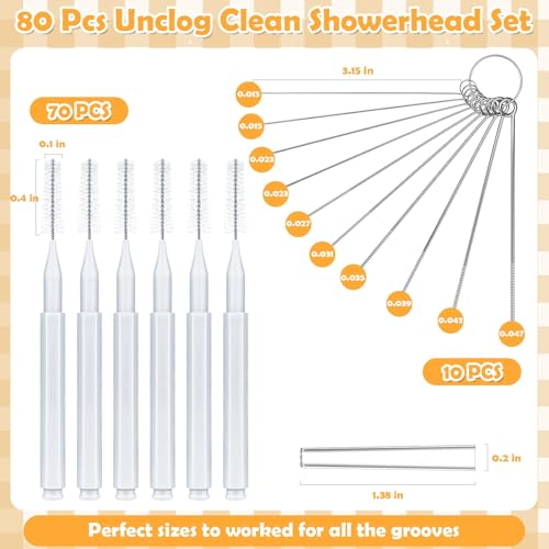 Image of 80 Pcs Shower Head Cleaner Tool-Showerhead Cleaning Brushes + Stainless Steel Picks, Small Hole Crevice Cleaning Brush for Shower Head, Shower Head Cleaner for Clog Removal & Hard Water Deposit(White)