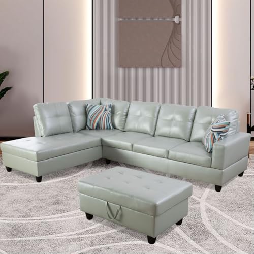 Image of L-Shaped 3-Piece Semi PU Synthetic Leather Sofa with Storage Ottoman Set, Sectional Couch Sofa Set for Living Room, Office, Small Space, Silver Green