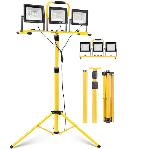 210W Projecteur LED Chantier avec Trépied, 20000LM, 3 Têtes Orientables, Câble 5m, IP66 Étanche, Lampe de Travail Pliable pour Extérieur, Chantier,...