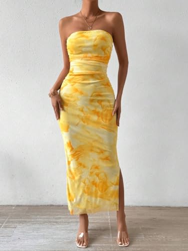 Image of LIGHT DOT Women's Summer Dress Printed Strapless Tube Bodycon Maxi Side Slit Mesh Layered