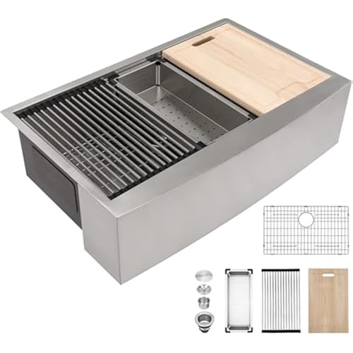 Kichae 36 Inch Farmhouse Kitchen Sink Ledge Workstation Apron Front Farmer Sink Stainless Steel Single Bowl Handmade Modern Farm Style with Accessories