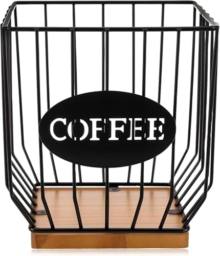 BTBHIHO Square Coffee Capsule Holder with Lid, Black Metal & Wood Coffee Pod Organizer, Corrosion-Resistant Iron Frame, Storage Basket for Bar Restaurant Home Kitchen