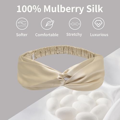 Image of ZLYC Mulberry Silk Headband for Women's Hair, Solid Pale Beige | smooth luxury real silk, stretch elastic no slip fit, makeup spa skincare use, travel daily wear,boho fashion hair accessory