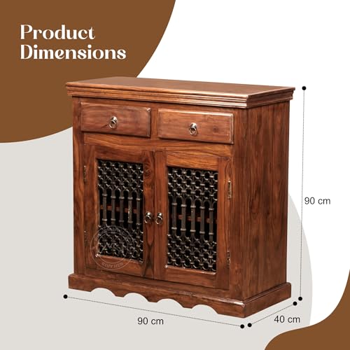 Image of NSH Solid Sheesham Wood Sideboard Storage Cabinet Unit with 2 Door and 2 Drawer Wooden Standard Multipurpose Furniture for Home Living Room Hall Office - (Teak Finish)