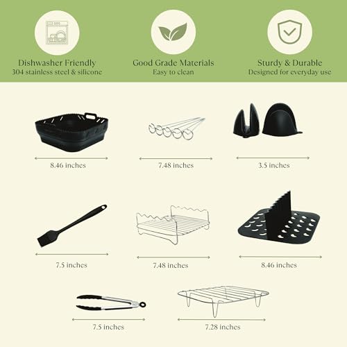 Air Fryer Accessories 8 pcs Set - Square Airfryer Silicone Liners, Rack, Skewer, Tongs & Oven Mitts for 10 Inch Fryers, Easy use with Cosori & Ninja- by HappiNest Air Fryer Accessories 8 pcs Set - Square Airfryer Silicone Liners, Rack, Skewer, Tongs & Oven Mitts for 10 Inch Fryers, Easy use with Cosori & Ninja- by HappiNest