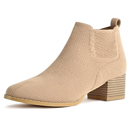 Low Heel Ankle Boots for Women Chunky Heel Knit Sock Chelsea Boots Slip On Stretchy Comfortable Short Boots Fashion Black Brown Heeled Booties Dress Shoes for Fall & Winter
