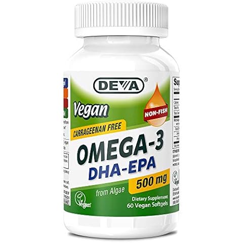 DEVA Vegan Omega-3 DHA EPA Supplement - Once-Per-Day Softgel 500 MG - Carrageenan Free - Gelatin Free - Non-Fish - Algae Oil Omega-3 Fatty Acids - 60 Softgels Cover