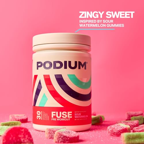 Image of Podium Nutrition, Fuse Pre Workout Powder, Sour Watermelon, 30 Servings, Beta Alanine and Caffeine for Energy, Gluten Free, Soy Free, Dairy Free