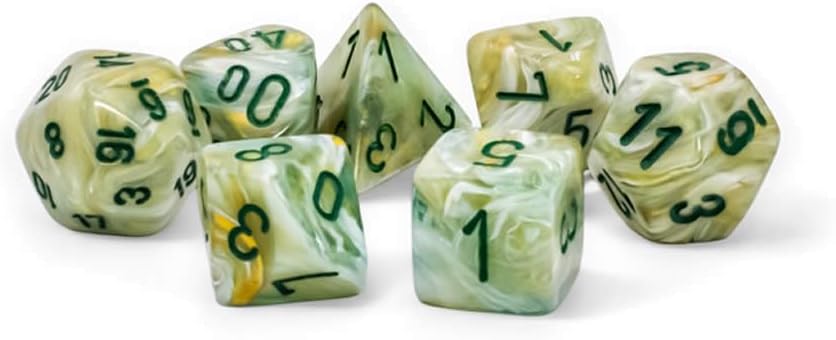 Green Marble Mega-Hedral Dice with Dark Green Colored Numbers 20mm (25/32in) Set of 7 Chessex