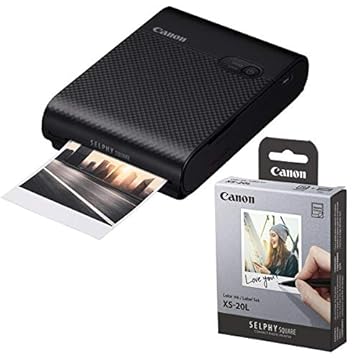 Canon Impressora de fotos compacta SELPHY Square QX10, conjunto de etiqueta/tinta colorida selphy preta XS-20L 20 folhas