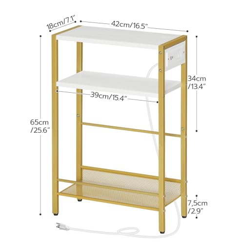 Image of HOOBRO Small Narrow Side Table with Charging Station, Skinny End Table for Small Spaces, Slim Nightstand with USB Ports Outlet, Sofa Beside Table with Storage Shelf, White and Gold DW102UBZ01