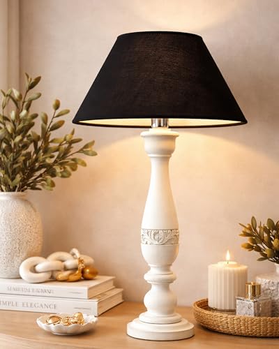 Image of Homesake Handcrafted Wooden Table Lamp for Bedroom & Living Room|Decorative Bedside Reading Lamp with Fabric Shade, E27 Holder|Bulb Included|White Floral Carved Base for Home Decor, Black