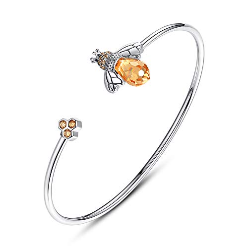 Brazalete abierto de abeja de panal de abeja de plata de ley 925 con circonita cúbica para mujeres y niñas de 7 pulgadas Cover