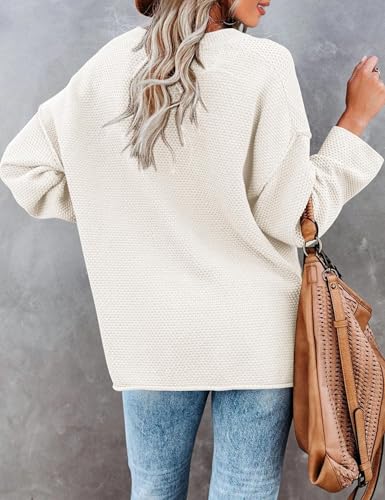 Image of Women Oversized Sweaters V Neck Long Sleeve Tops Quarter Button Up Pullover Business Casual Clothing,White S