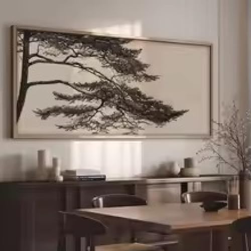 Tableau branches de pin vintage 65x130 cm avec cadre premium en toile haute définition pour salon