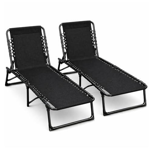 TIENDA EURASIA – Pack 2 Tumbonas de Playa Plegables | 188x30x26 cm | Estructura de Acero | Soporta hasta 120 kg | Tejido Textilene Resistente | Portátiles y Ligeras | Color Negro | Playa Exterior