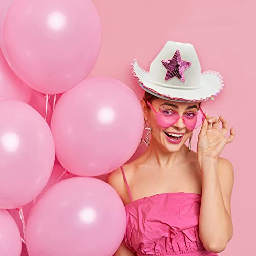 4E's Novelty 2 Packs Cowboy Hat With Heart Shaped Sunglasses - Felt White & Pink Cowgirl Hat With Sequins For Women Bachelorette Party Dress Up Accessory #TOP4