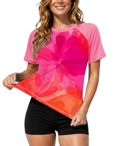 Image of AOBUTE Women Short Sleeve Rash Guard UPF 50+ Tropical Sun Protection Floral Swim Shirts