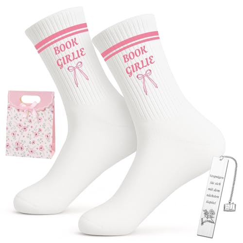 PIujsym Geschenke für Leseratten Lustige Socken Damen 39-42 Mit Lesezeichen und Geschenktasche Perfektes Bücher Zubehör Geburtstags Geschenke für Frauen Geeignet für Lehrer Bücherfans Teenager