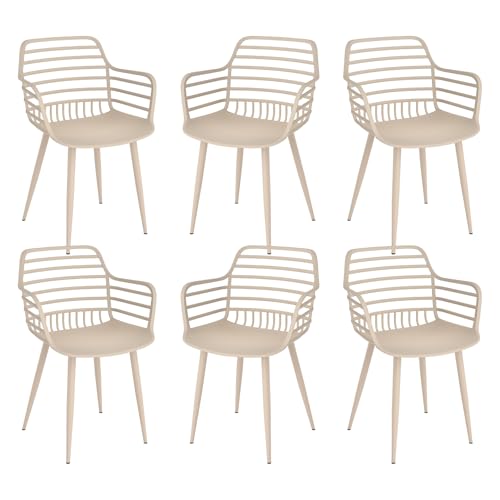 JIJIAN Lot de 6 Chaises de Salle à Manger, Fauteuils à Accoudoirs en Plastique PP avec Pieds en Métal, Chaise de Loisirs Moderne pour Salle à Manger, Salon, Cour et Jardin, Kaki