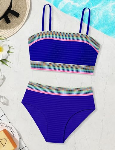 Image of DONWEN Girls Swimsuits V Neck Bikini Set Textured High Waist Girl Two Piece Bathing Suit