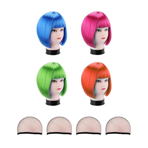 Gallipower 4 Pack Short Bob Hair Colored Wigs With Wig Cap,Colorful Party Neon Wigs With Flat Bangs,Colorful Cosplay Daily Holiday Bachelorette Party Costume For Women