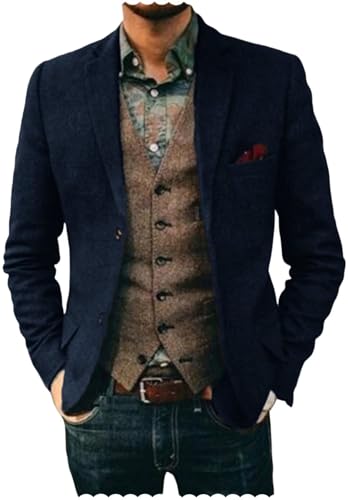 Men's Denim Suit 2-Piece Slim Fit Retro Herringbone Wedding Dress (Blazer Jacket + Vest) - Main Image