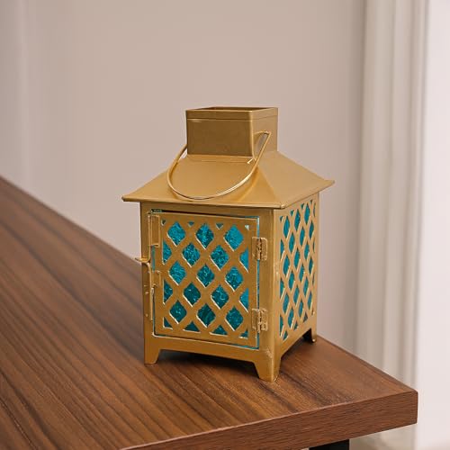Image of MARKET 99 Metal & Glass Lantern Candle Holder with Blue Glass | Decorative Hanging & Tabletop Lantern for Diwali, Christmas, Weddings & Festive Home Decor | Golden & Blue Finish
