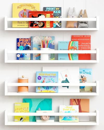 Image of Forbena 24 Inch Wall Bookshelf for Kids Bedroom Set of 4, White Floating Nursery Book Shelves for Baby Toddler Children Girls Boys Room Decor, Large Wood Wall Mount Bookshelves and Toy Storage