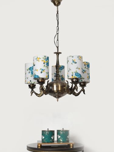 Image of Devansh 05-Light Round Printed Multicolor Cotton Shade Chandelier - Antique Golden Finish | Adjustable Cord | Warm Glow Lamp - Ceiling Light for Living Room, Dining Area, BedroomDecor - D11