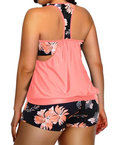 Image of Womens Plus Size Tankini Swimsuit Two Piece Tummy Control Bathing Suit | Blouson Racerback Tankini Top with Shorts, Double Up Design, Removable Pad