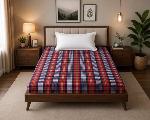 Image of LEEBA Pure Cotton Mattress Cover for Single Bed (72x36x5 Inch | 6x3 Feet) - Breathable Mattress Protector with Heavy Duty Zipper Closure, Washable, Dustproof Bed Safety Encasement (Red /Checkered)