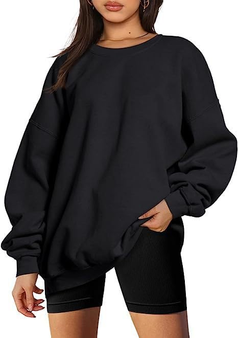 HanaoopsHanaoops Sweatshirts for Women Oversized Crew Neck Casual Jumpers Padded Long Sleeve Loose Pullover Tops Solid Colour Basic Shirt Street Club