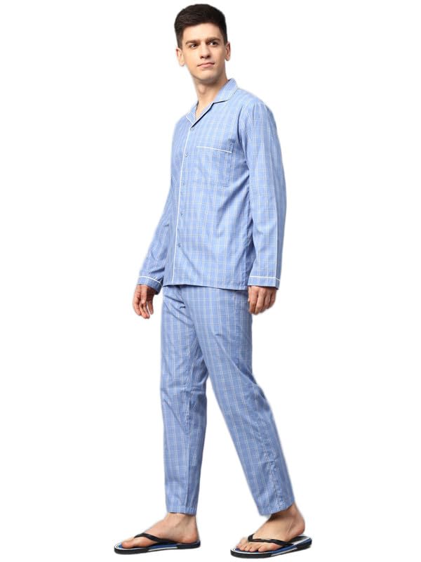 english navy Blue Men Wrinkle Resistant Checked Lapel Collar Night Suit-picture-10