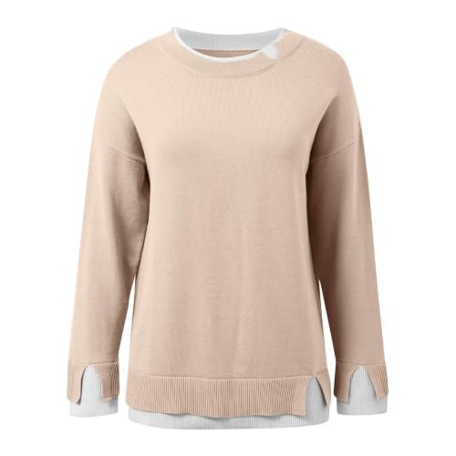 Sweaters for Women Fake Two Piece Pullover Crew Neck Long Sleeve Fall Tops - image 3