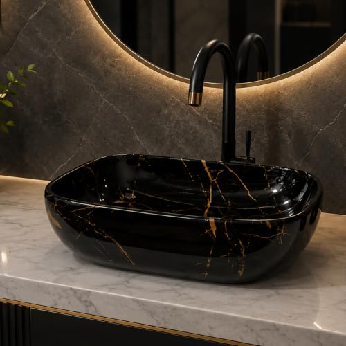 Image of Ceramic Tabletop Wash Basin - Glossy Rectangular Countertop Vessel Sink with Marble Finish for Bathroom & Vanity | Compact 18 x 13 x 5 Inch | Elegant Washbasin