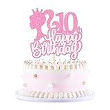 Ercadio 1 Pack Princess Happy 10th Birthday Cake Toppers Glitter Princess Happy 10th Birthday Cake Picks Hot Pink Girl Cake Toppers for Girl Theme Anniversary Baby Shower Party Cake Decor Supplies