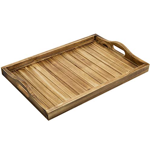 MyGift Light Torched Wood Breakfast Serving Tray with Cutout Handles
