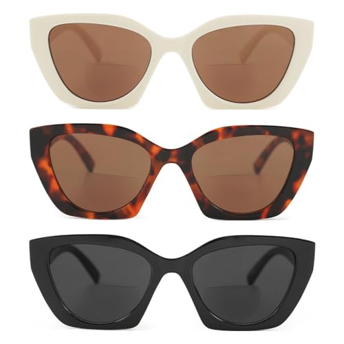 JiSoo Cat Eye Reading Sunglasses 2.5 Bifocal Sunglasses for Women 3 Pack Trendy Varifocal Reading Sun Glasses with Spring Hinge, 2.5