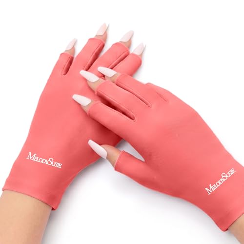 Image of MelodySusie Premium UV Protection Gloves for Manicures, Cool Feeling Fabric,Professional UPF50+, UV Nail Gloves for Gel Nail Lamp, Anti UV Light, Skin Care Fingerless Design, Coral Pink
