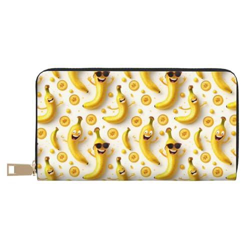 Leather Thin Slim Wallets for Women & Men - Cute Banana Yellow Print Card Wallet Holder with Zipper