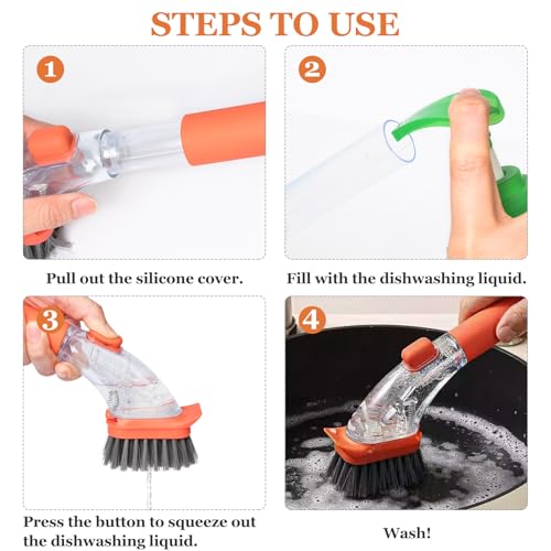 Image of Dish Brushes with Soap Dispenser with Handle-Kitchen Scrubber Brushed-1*Handle & 3*Brush Head(Orange)