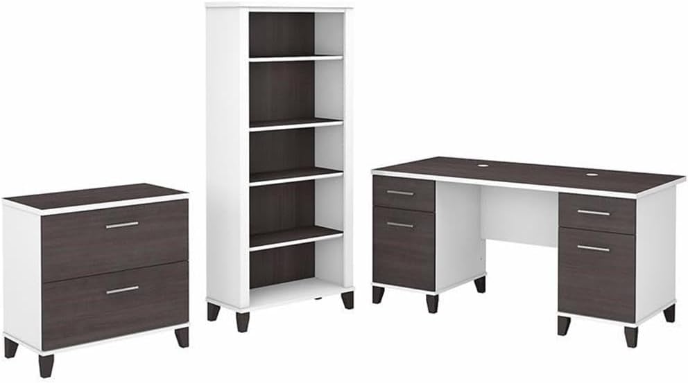 Pemberly Row 60W Engineered Wood Office Desk Set, Gray Finish, Includes Desk, Lateral File Cabinet, 5 Shelf Bookcase, Cable Management, Adjustable Shelves, Home Office Furniture for Organization