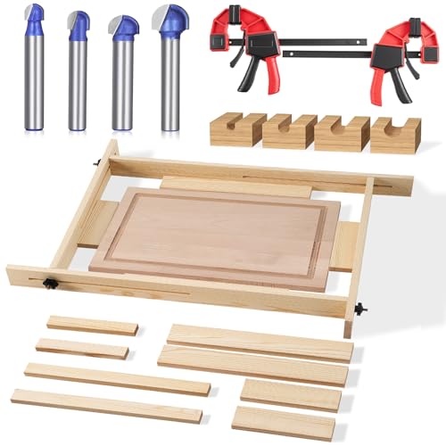 CroBlissful Juice Groove Router Jig 8 Spacers 4 Pcs 1/4 Shank Round Nose Cove Box Router Bit 2 Pcs 6 Clamp Adjustable Wooden Juice Groove Jig for Cutting Board Up to 22 x 29 Making Square Recesses