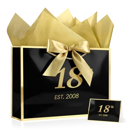Image of JMANNI 18th Birthday Gift Bag with Card and Tissue Paper for Men Women Him, 13 inch Elegant Black Gold Anniversary Keepsake Party Present Shopping Paper Bags for Gifts Wrapping (EST.2008 /Black /Medium)