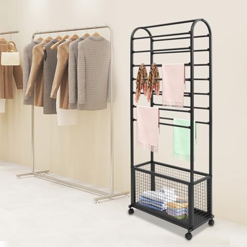 Image of CNCEST Double-Sided Ribbon Holder Organizer Rack,Free Standing Mobile Ribbon Holder,Metal Ribbon Stand Organizer,Ribbon Display Rack Storage Shelf for Craft Room,Wrapping Paper (Black,27.6x11.8x65in)